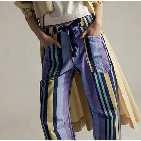Free People Moxie Barrel Jeans 27 Periwinkle Striped RARE Retired UNICORN NWOT - Picture 6 of 10
